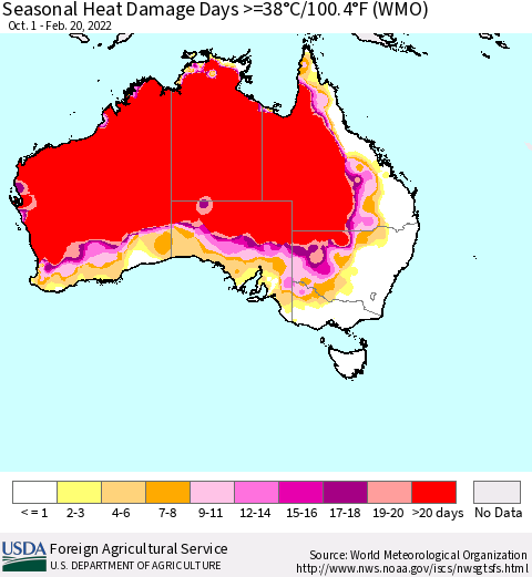 Australia Seasonal Heat Damage Days >=38°C/100°F (WMO) Thematic Map For 10/1/2021 - 2/20/2022