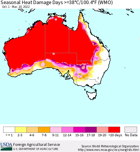 Australia Seasonal Heat Damage Days >=38°C/100°F (WMO) Thematic Map For 10/1/2021 - 3/10/2022