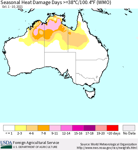 Australia Seasonal Heat Damage Days >=38°C/100°F (WMO) Thematic Map For 10/1/2021 - 10/10/2021