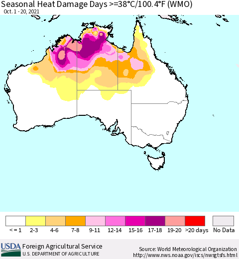 Australia Seasonal Heat Damage Days >=38°C/100°F (WMO) Thematic Map For 10/1/2021 - 10/20/2021