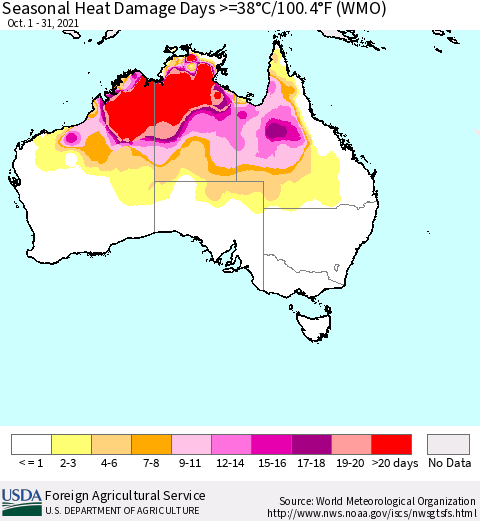 Australia Seasonal Heat Damage Days >=38°C/100°F (WMO) Thematic Map For 10/1/2021 - 10/31/2021