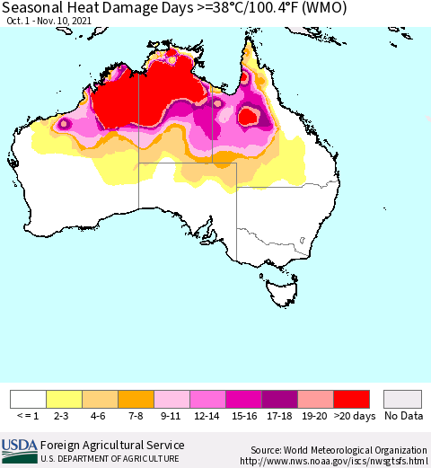 Australia Seasonal Heat Damage Days >=38°C/100°F (WMO) Thematic Map For 10/1/2021 - 11/10/2021