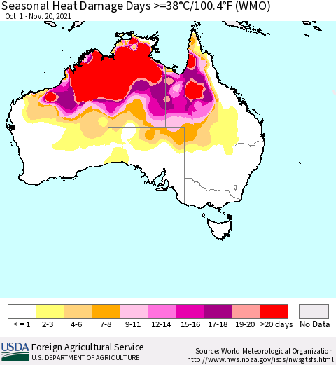 Australia Seasonal Heat Damage Days >=38°C/100°F (WMO) Thematic Map For 10/1/2021 - 11/20/2021