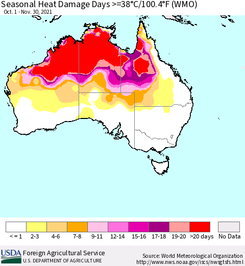 Australia Seasonal Heat Damage Days >=38°C/100°F (WMO) Thematic Map For 10/1/2021 - 11/30/2021