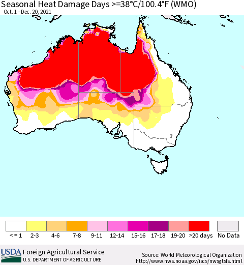 Australia Seasonal Heat Damage Days >=38°C/100°F (WMO) Thematic Map For 10/1/2021 - 12/20/2021