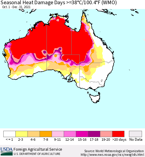 Australia Seasonal Heat Damage Days >=38°C/100°F (WMO) Thematic Map For 10/1/2021 - 12/31/2021