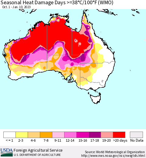 Australia Seasonal Heat Damage Days >=38°C/100°F (WMO) Thematic Map For 10/1/2022 - 1/10/2023