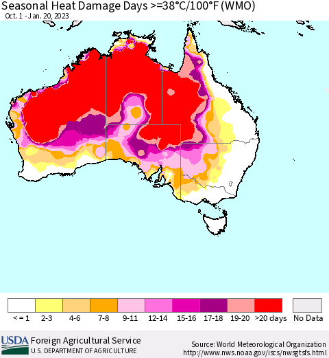 Australia Seasonal Heat Damage Days >=38°C/100°F (WMO) Thematic Map For 10/1/2022 - 1/20/2023