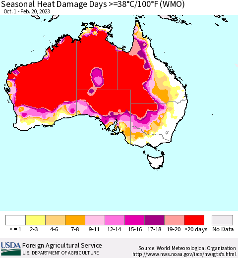 Australia Seasonal Heat Damage Days >=38°C/100°F (WMO) Thematic Map For 10/1/2022 - 2/20/2023