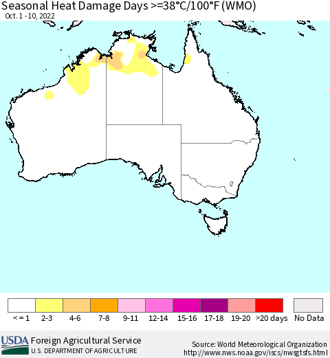 Australia Seasonal Heat Damage Days >=38°C/100°F (WMO) Thematic Map For 10/1/2022 - 10/10/2022