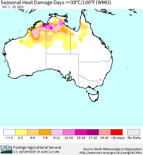 Australia Seasonal Heat Damage Days >=38°C/100°F (WMO) Thematic Map For 10/1/2022 - 10/20/2022