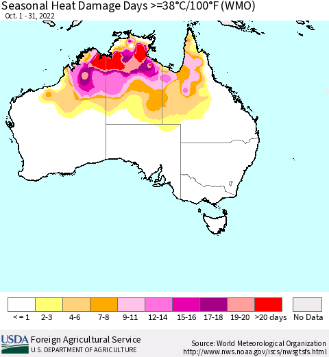Australia Seasonal Heat Damage Days >=38°C/100°F (WMO) Thematic Map For 10/1/2022 - 10/31/2022