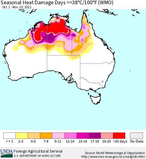 Australia Seasonal Heat Damage Days >=38°C/100°F (WMO) Thematic Map For 10/1/2022 - 11/10/2022