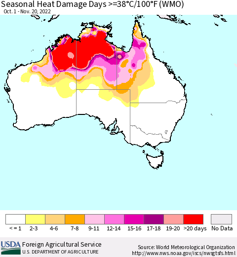Australia Seasonal Heat Damage Days >=38°C/100°F (WMO) Thematic Map For 10/1/2022 - 11/20/2022