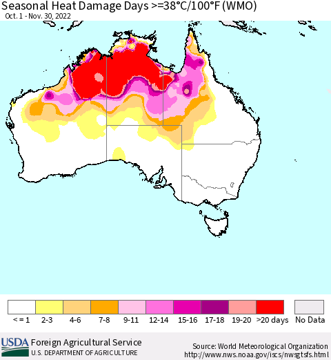 Australia Seasonal Heat Damage Days >=38°C/100°F (WMO) Thematic Map For 10/1/2022 - 11/30/2022