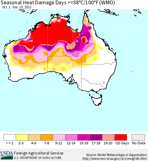 Australia Seasonal Heat Damage Days >=38°C/100°F (WMO) Thematic Map For 10/1/2022 - 12/10/2022