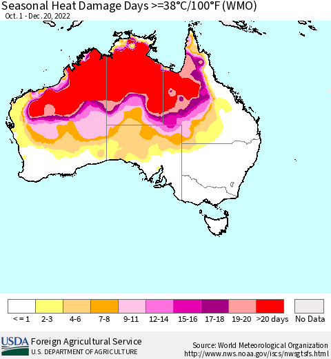 Australia Seasonal Heat Damage Days >=38°C/100°F (WMO) Thematic Map For 10/1/2022 - 12/20/2022