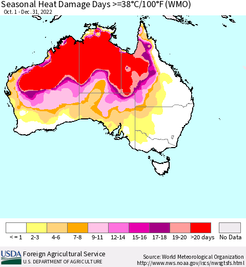 Australia Seasonal Heat Damage Days >=38°C/100°F (WMO) Thematic Map For 10/1/2022 - 12/31/2022