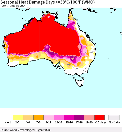 Australia Seasonal Heat Damage Days >=38°C/100°F (WMO) Thematic Map For 10/1/2023 - 1/10/2024