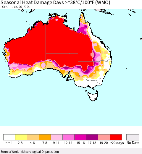 Australia Seasonal Heat Damage Days >=38°C/100°F (WMO) Thematic Map For 10/1/2023 - 1/20/2024