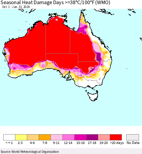 Australia Seasonal Heat Damage Days >=38°C/100°F (WMO) Thematic Map For 10/1/2023 - 1/31/2024