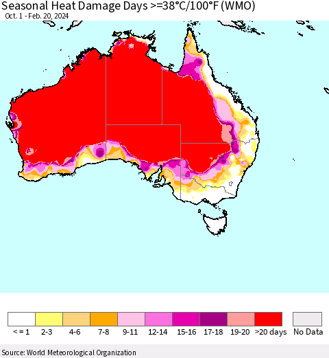 Australia Seasonal Heat Damage Days >=38°C/100°F (WMO) Thematic Map For 10/1/2023 - 2/20/2024