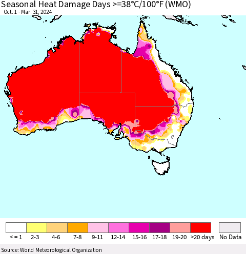 Australia Seasonal Heat Damage Days >=38°C/100°F (WMO) Thematic Map For 10/1/2023 - 3/31/2024