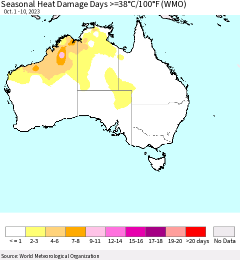 Australia Seasonal Heat Damage Days >=38°C/100°F (WMO) Thematic Map For 10/1/2023 - 10/10/2023
