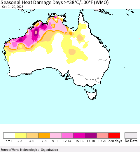 Australia Seasonal Heat Damage Days >=38°C/100°F (WMO) Thematic Map For 10/1/2023 - 10/20/2023