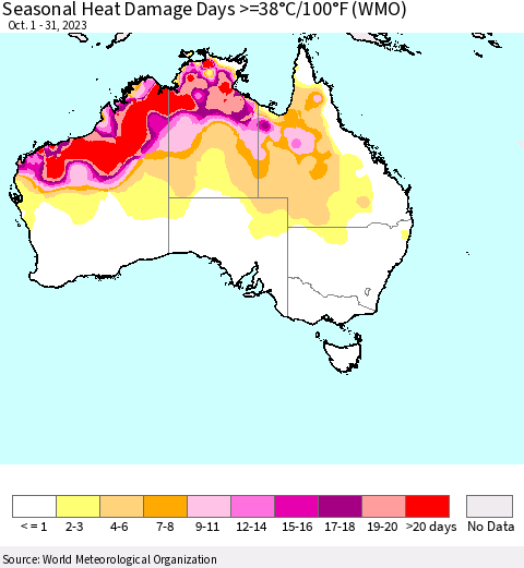 Australia Seasonal Heat Damage Days >=38°C/100°F (WMO) Thematic Map For 10/1/2023 - 10/31/2023