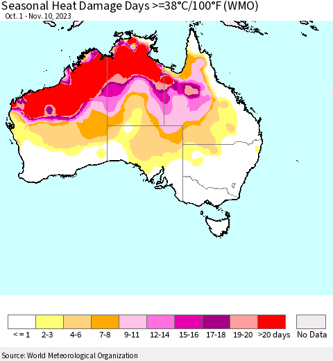 Australia Seasonal Heat Damage Days >=38°C/100°F (WMO) Thematic Map For 10/1/2023 - 11/10/2023