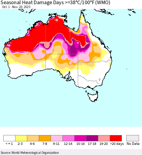 Australia Seasonal Heat Damage Days >=38°C/100°F (WMO) Thematic Map For 10/1/2023 - 11/20/2023