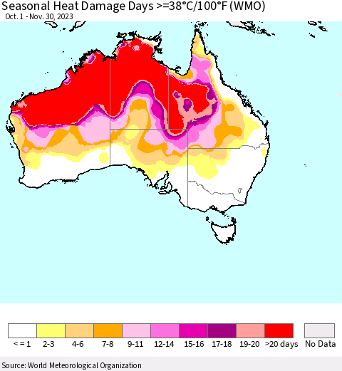 Australia Seasonal Heat Damage Days >=38°C/100°F (WMO) Thematic Map For 10/1/2023 - 11/30/2023