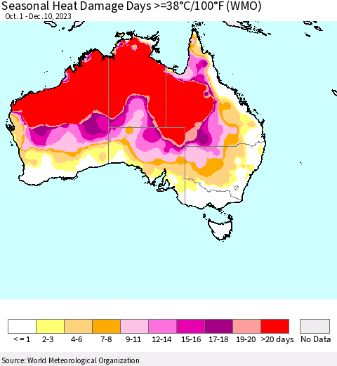 Australia Seasonal Heat Damage Days >=38°C/100°F (WMO) Thematic Map For 10/1/2023 - 12/10/2023