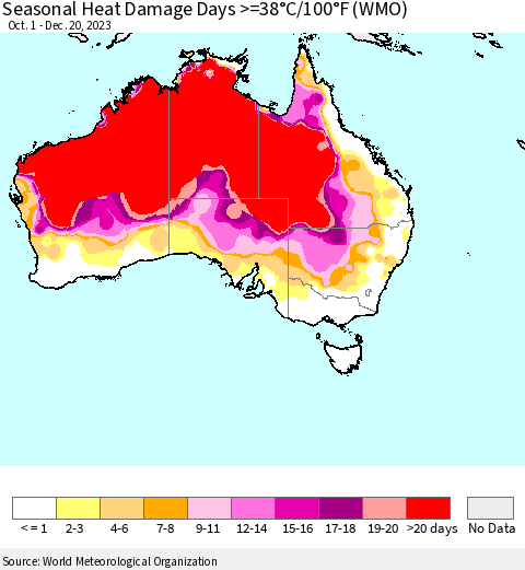 Australia Seasonal Heat Damage Days >=38°C/100°F (WMO) Thematic Map For 10/1/2023 - 12/20/2023