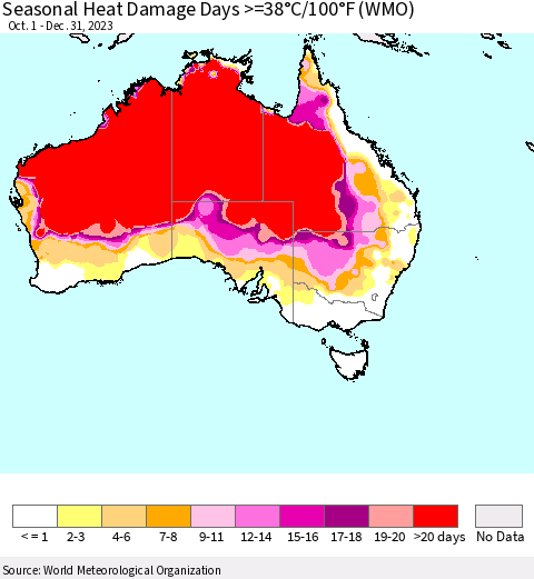 Australia Seasonal Heat Damage Days >=38°C/100°F (WMO) Thematic Map For 10/1/2023 - 12/31/2023