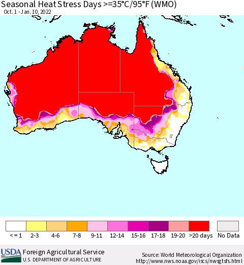 Australia Seasonal Heat Stress Days >=35°C/95°F (WMO) Thematic Map For 10/1/2021 - 1/10/2022
