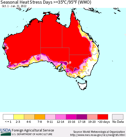 Australia Seasonal Heat Stress Days >=35°C/95°F (WMO) Thematic Map For 10/1/2021 - 1/31/2022