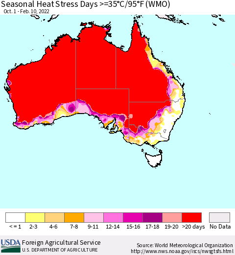 Australia Seasonal Heat Stress Days >=35°C/95°F (WMO) Thematic Map For 10/1/2021 - 2/10/2022