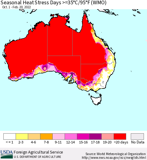 Australia Seasonal Heat Stress Days >=35°C/95°F (WMO) Thematic Map For 10/1/2021 - 2/20/2022