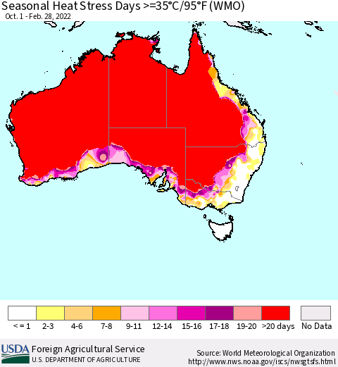 Australia Seasonal Heat Stress Days >=35°C/95°F (WMO) Thematic Map For 10/1/2021 - 2/28/2022