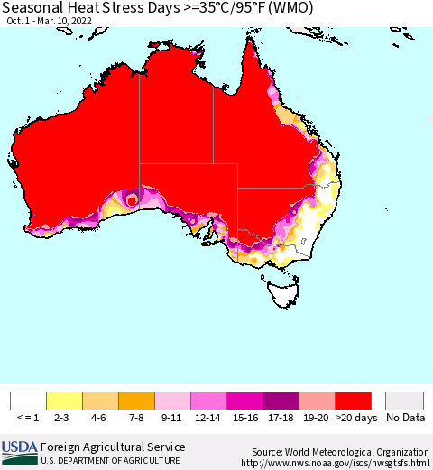 Australia Seasonal Heat Stress Days >=35°C/95°F (WMO) Thematic Map For 10/1/2021 - 3/10/2022
