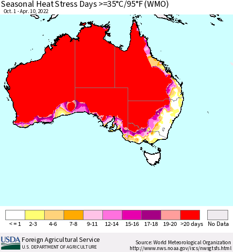 Australia Seasonal Heat Stress Days >=35°C/95°F (WMO) Thematic Map For 10/1/2021 - 4/10/2022