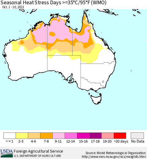 Australia Seasonal Heat Stress Days >=35°C/95°F (WMO) Thematic Map For 10/1/2021 - 10/10/2021