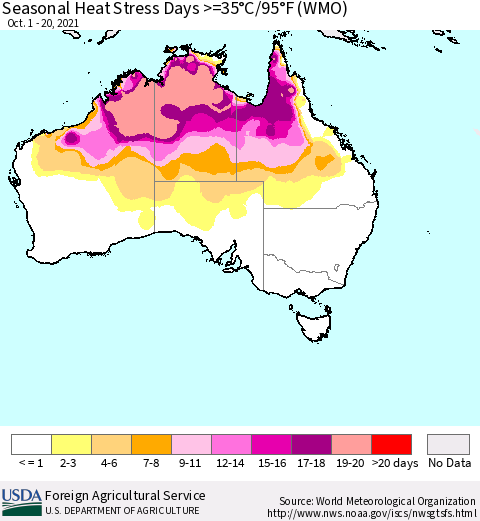 Australia Seasonal Heat Stress Days >=35°C/95°F (WMO) Thematic Map For 10/1/2021 - 10/20/2021