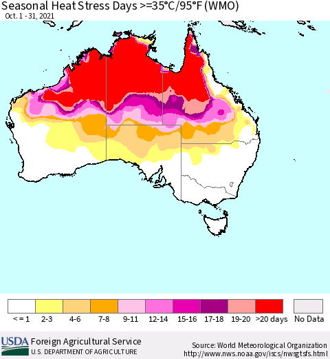 Australia Seasonal Heat Stress Days >=35°C/95°F (WMO) Thematic Map For 10/1/2021 - 10/31/2021