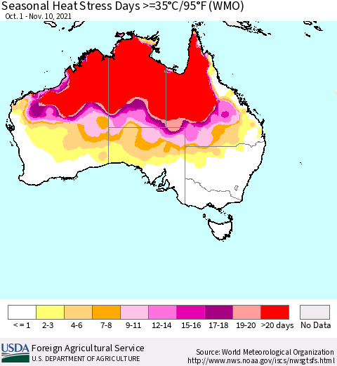 Australia Seasonal Heat Stress Days >=35°C/95°F (WMO) Thematic Map For 10/1/2021 - 11/10/2021