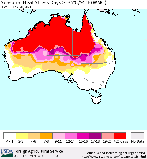 Australia Seasonal Heat Stress Days >=35°C/95°F (WMO) Thematic Map For 10/1/2021 - 11/20/2021