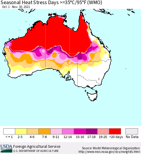 Australia Seasonal Heat Stress Days >=35°C/95°F (WMO) Thematic Map For 10/1/2021 - 11/30/2021