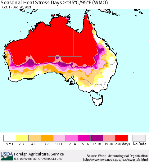 Australia Seasonal Heat Stress Days >=35°C/95°F (WMO) Thematic Map For 10/1/2021 - 12/20/2021